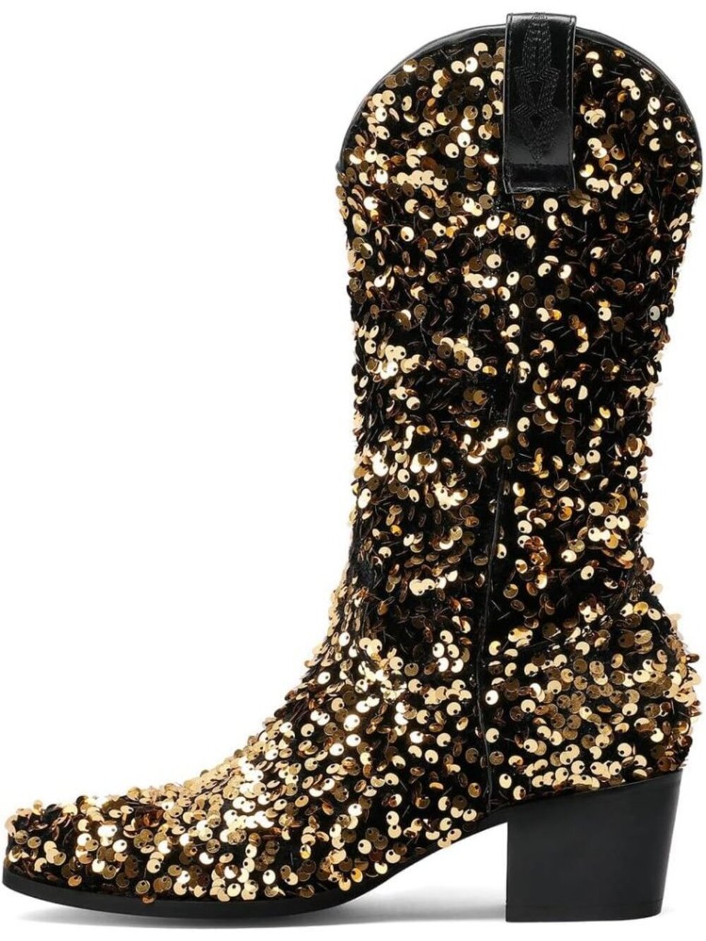 Women's Gold Sparkly Mid Calf Glitter Wedding Chunky Heeled Cowgirl Boots - Picture 4 of 5
